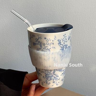 南新中国风青花藤瓷手持咖啡杯大容量水杯方便杯奶茶杯礼品