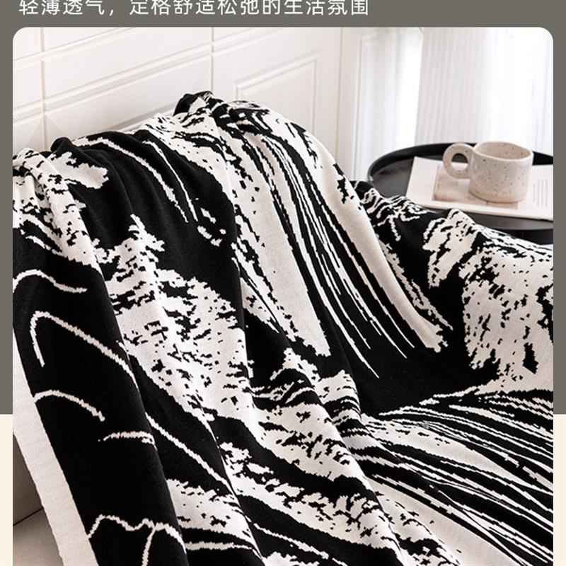 山水印花针织毛毯双面百搭沙发盖毯办公室空调毯黑白大方巾