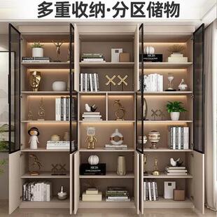 轻奢书柜书架一体组合带玻璃门定制储物柜家用整墙落地实木书橱