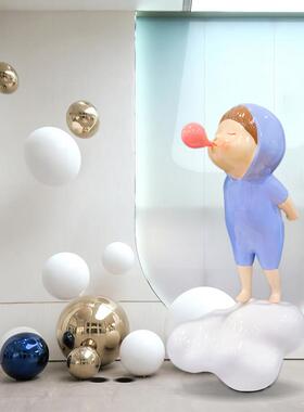 现代吹泡泡女孩云兔耳朵人物饰品可爱饰品卡通雕塑橱窗桌子装饰品