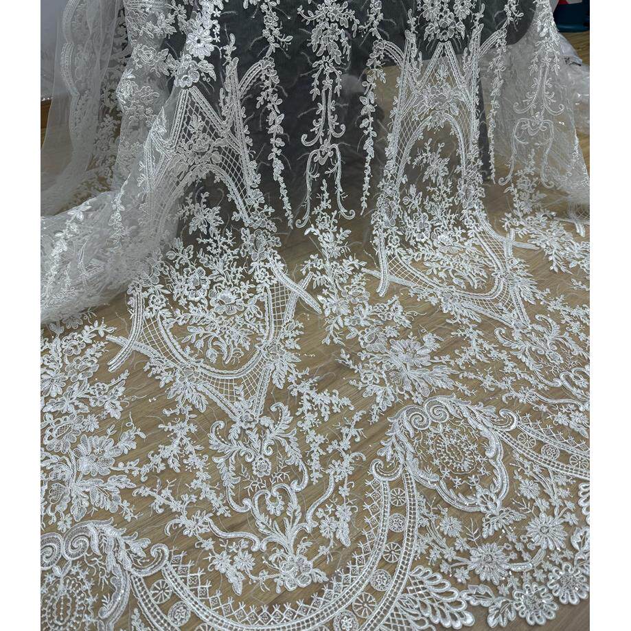 欧式大花朵蕾丝亮片面料DIY婚纱礼服设计师网纱蕾丝布料