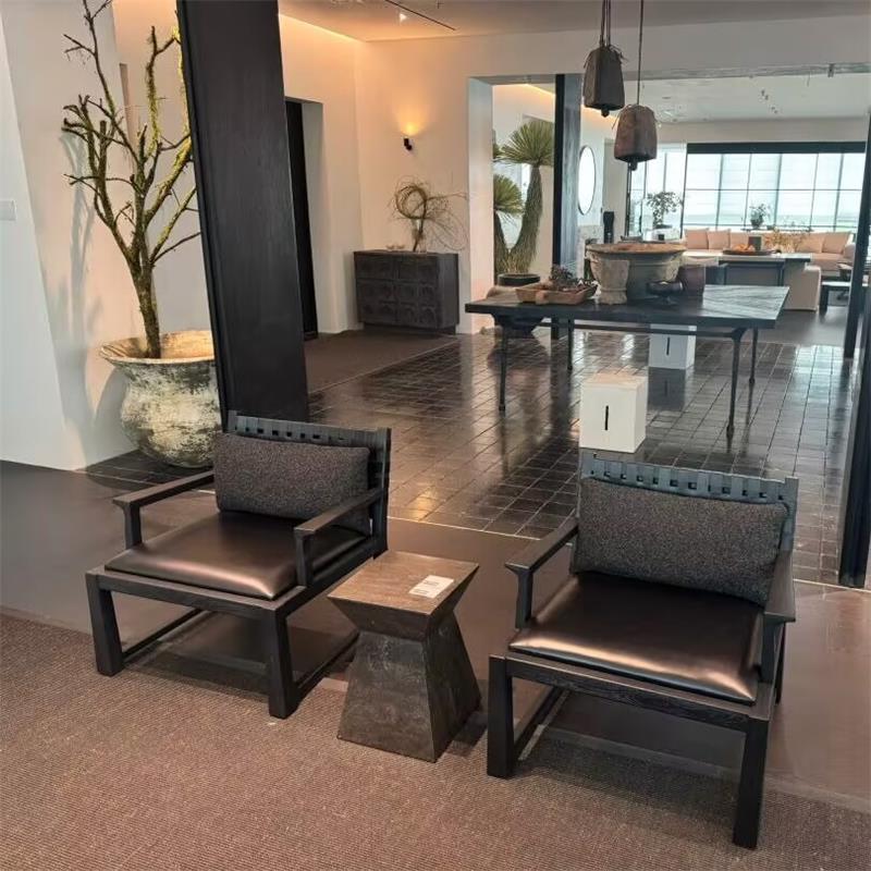 中古实木沙发椅家用设计师款复古风单人沙发椅休闲椅懒人真皮沙发