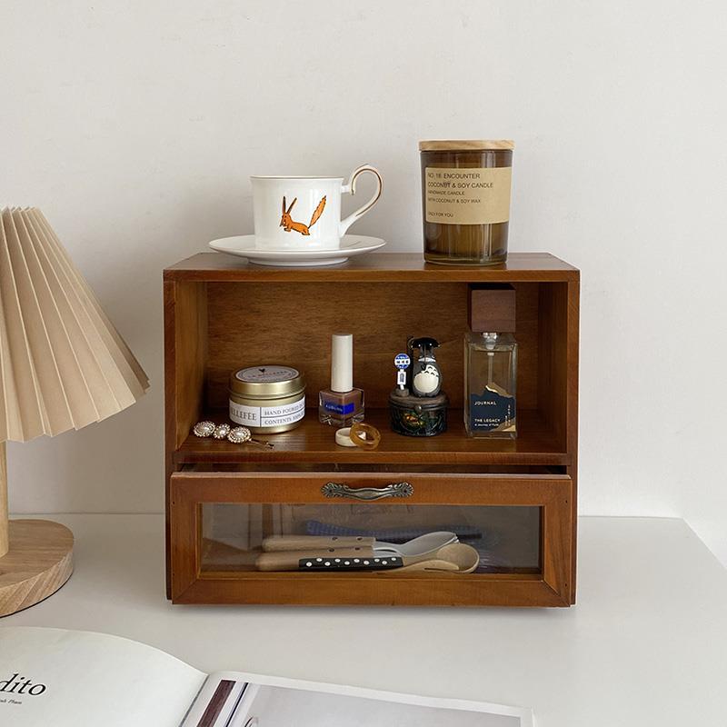 元气角落 ins复古木质桌面收纳柜化妆品置物柜台面木柜实木小柜子