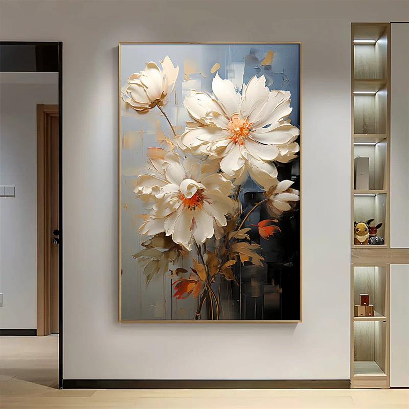 花开富贵玄关装饰画肌理感砂岩立体镶钻花卉客厅挂画走廊过道壁画