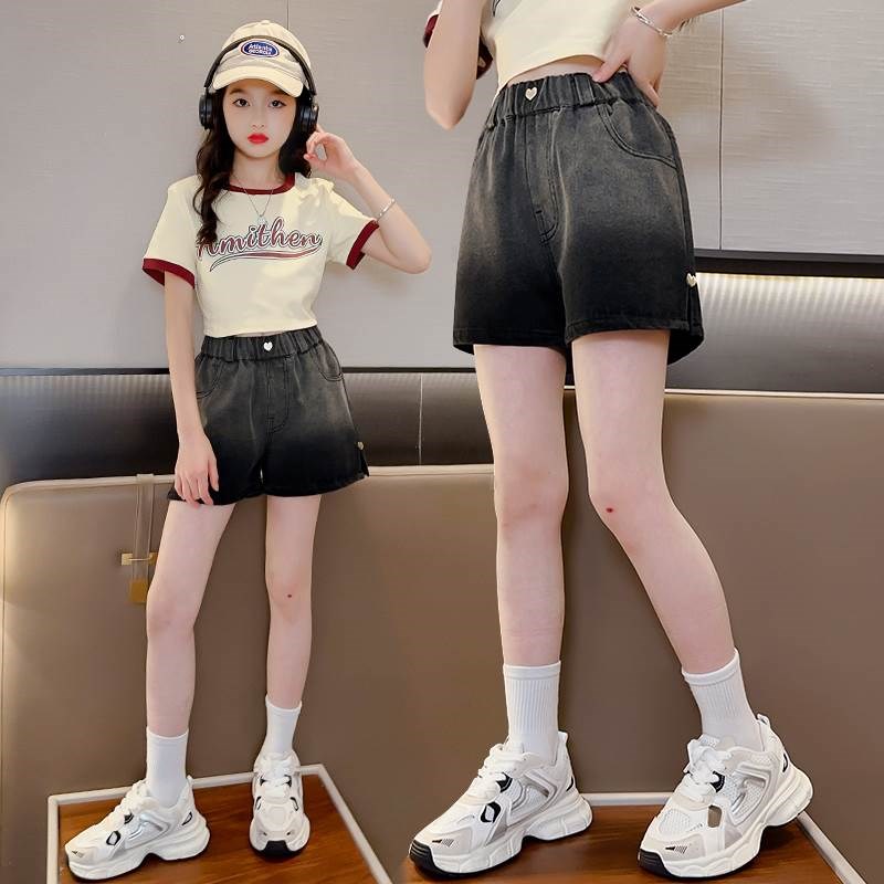 女童夏装牛仔短裤夏季p薄款2023新款外穿女大童黑色儿童夏天裤子