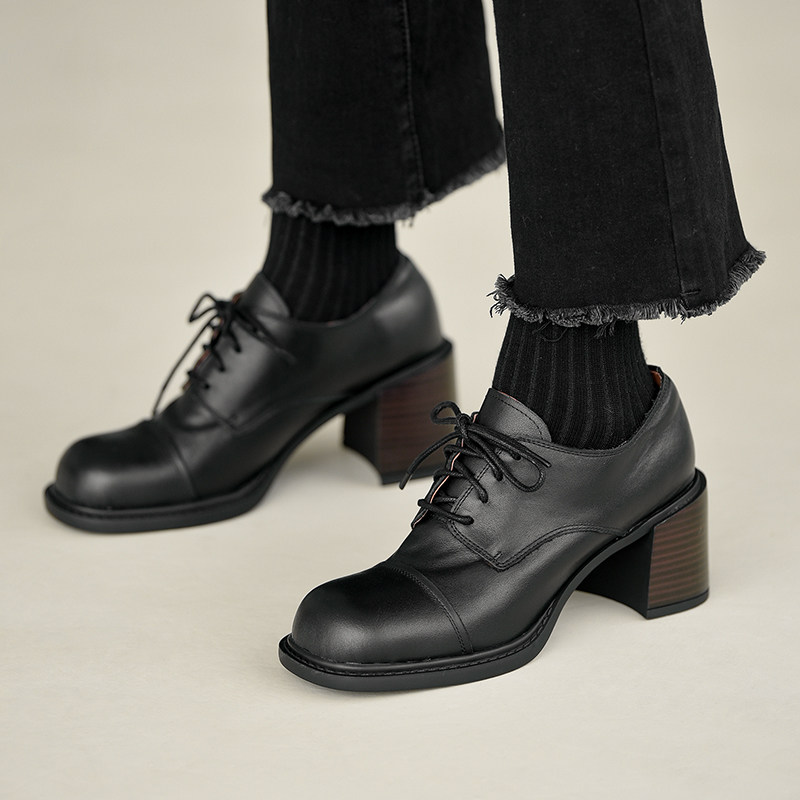 空欢喜2023新款英伦风复古深口粗跟单鞋真皮方头系带高跟鞋小皮鞋,女鞋,深口单鞋,淘宝优惠券,粉丝福利购,淘宝优惠卷