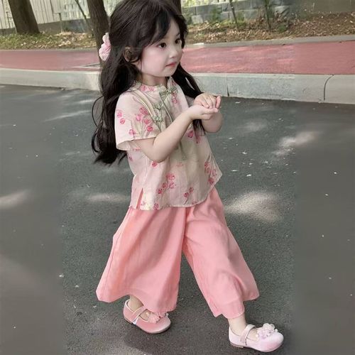 女童古风洋气套装女宝碎花上衣+阔腿裤中国风两件套新中式夏装