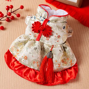 猫咪秋冬季新年百花流苏唐装裙子狗狗过年衣服宠物宫廷风连衣裙子