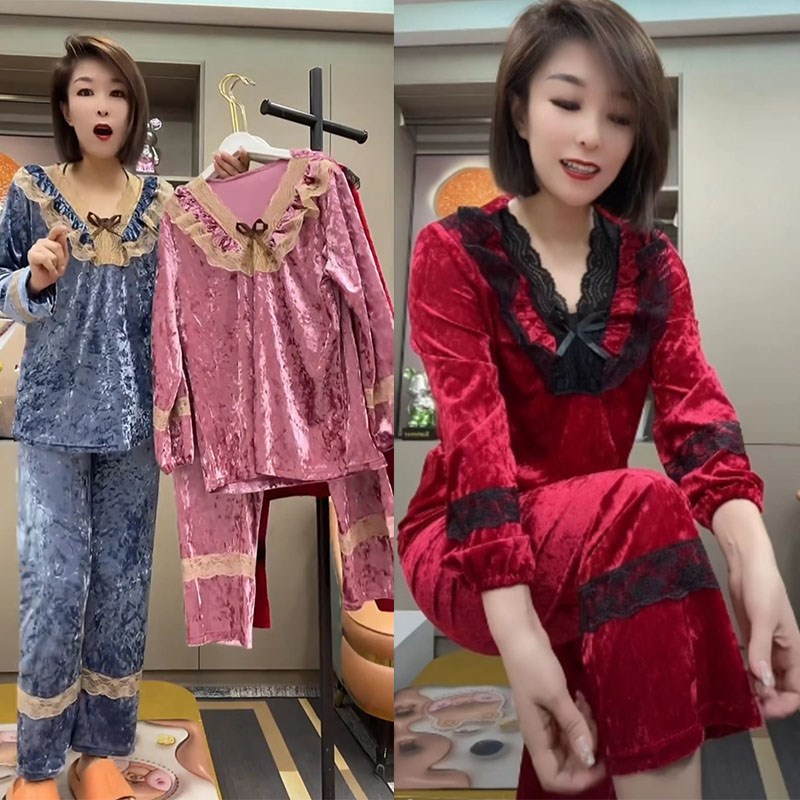 网红爆款睡衣f女秋冬新款蕾丝拼接V领洋气丝绒长袖长裤家居服套装