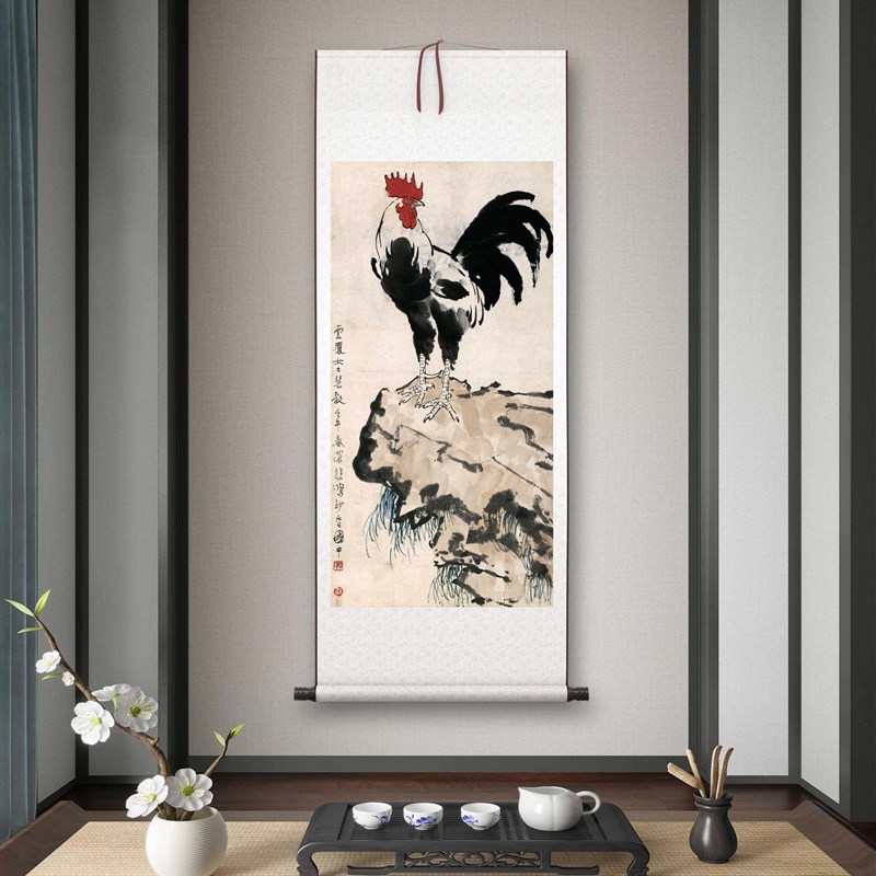 徐悲鸿《雄鸡图》客厅q书房茶室装饰画挂画玄关水墨高清卷轴字画图片