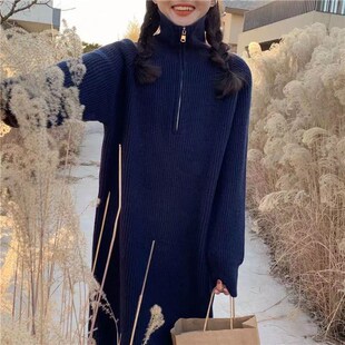 针织套头毛衣女冬季拉链加厚韩版过膝中长款高领宽松内搭毛衣裙