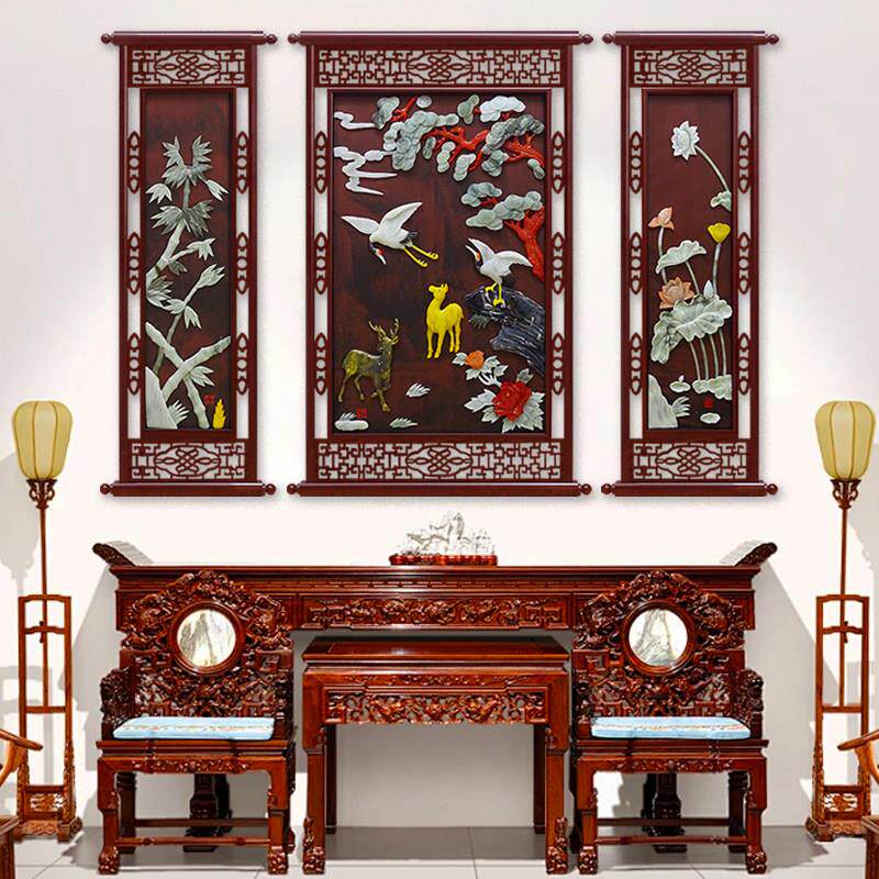 新中式中堂画客厅装饰画农村老房子松鹤延年福禄寿玉石画玉雕挂画