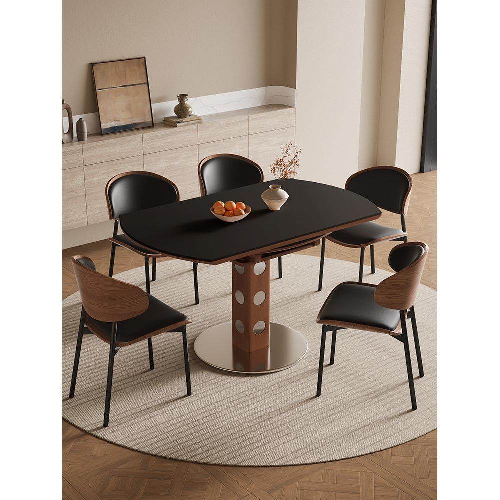 可伸缩岩板餐桌家用小户型可变圆桌中古包豪斯实木饭桌餐桌椅组合