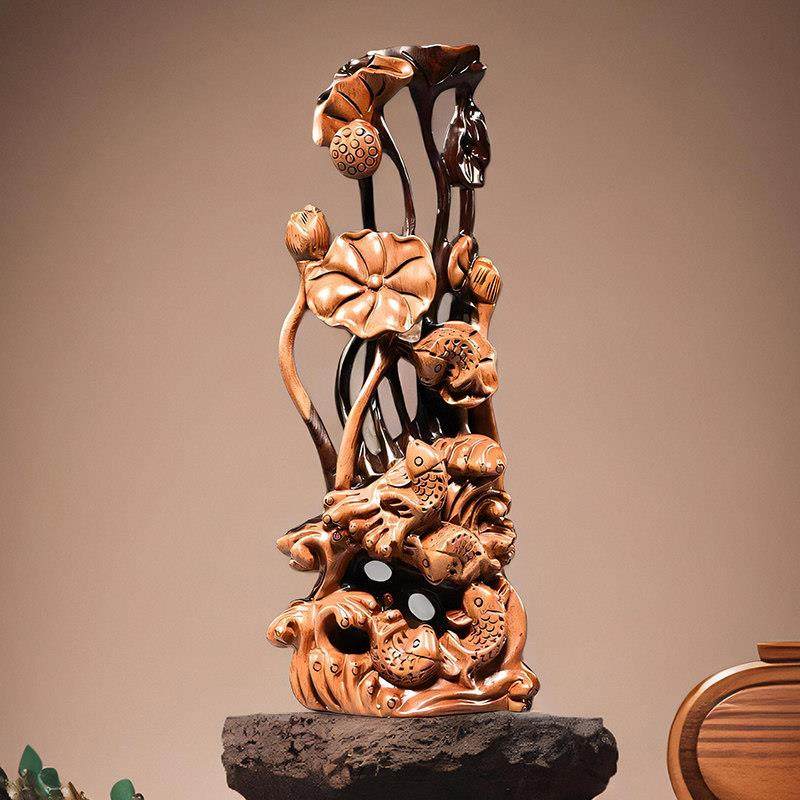 乌木鱼每年红木雕刻家莲花动物装饰品根雕刻装饰工艺品乔迁礼物