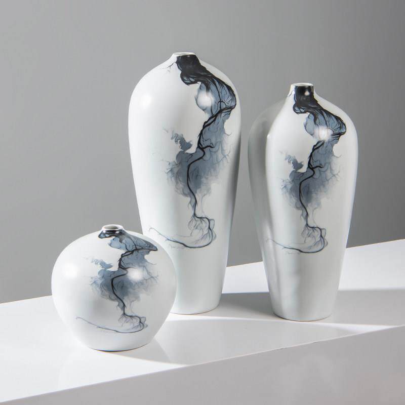 现代新中式台面花瓶摆件陶瓷水墨插花器餐桌客厅玄关电视柜装饰品