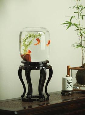 大相莲花 新中式案头小鱼缸 古法养鱼生态缸 手作黑檀木玻璃鱼缸