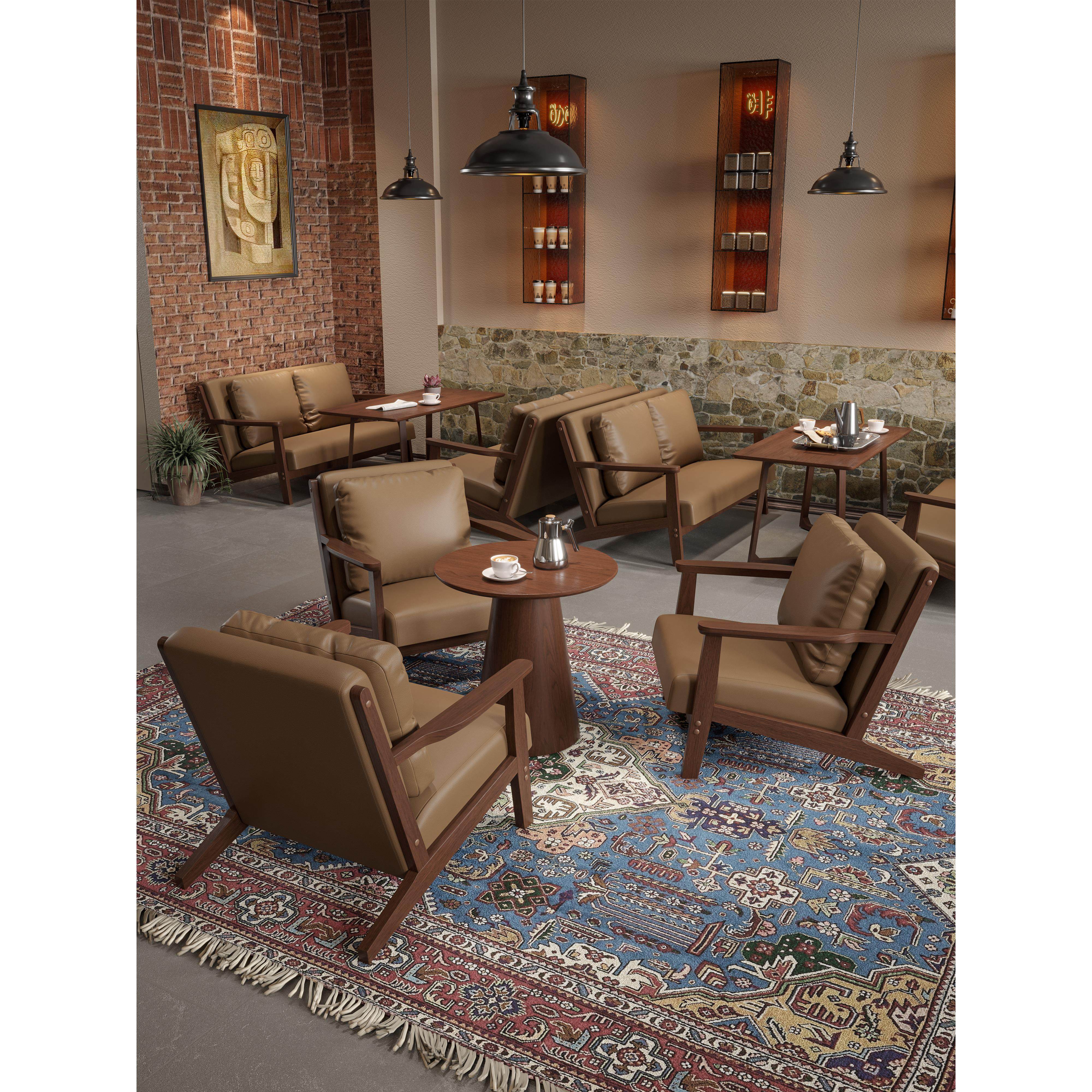 覆古实木咖啡厅奶茶店实木纳帕皮单人沙发休闲区洽谈桌椅组合