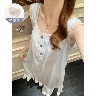 甜美蕾丝花边睡衣家居服 纯棉带胸垫吊带背心2025新款 睡裙女款 夏季