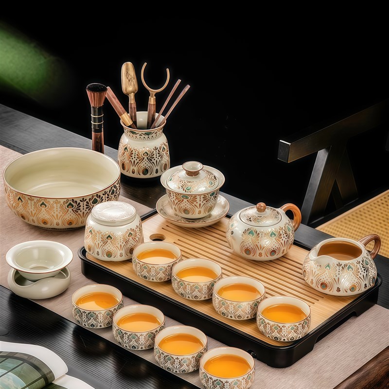 高档汝窑功夫茶具套装盖碗茶杯整套2026新款轻奢高档泡茶壶小茶盘
