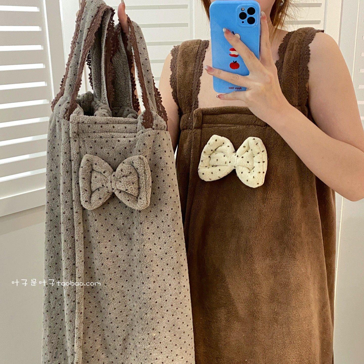 ins风波点吊带浴裙女夏季棉质蕾丝边蝴蝶结薄款家居服浴袍浴衣