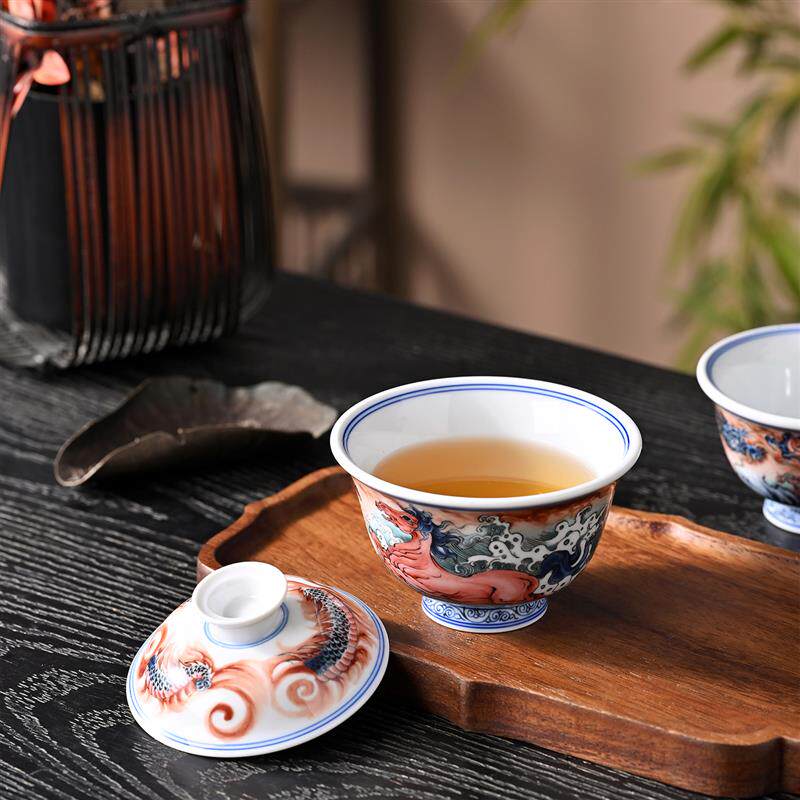 景德镇釉下五彩龙马精神三才盖碗不烫手泡茶碗家用陶瓷茶杯大号
