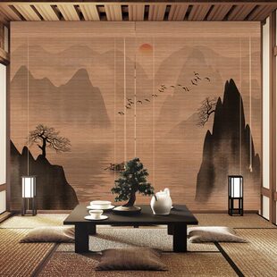 饰隔断帘 山水画竹帘卷帘窗帘升降茶室客厅定制遮光遮阳屏风背景装