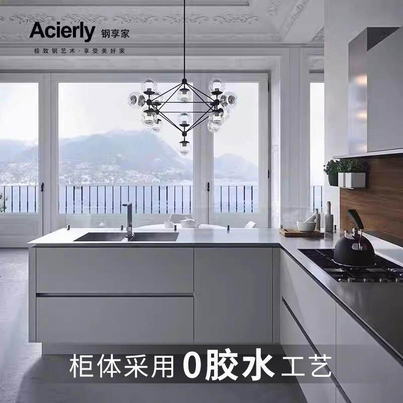 不锈钢橱柜台面定制钢享家新款整体厨房收纳柜门烤漆门板一体成型