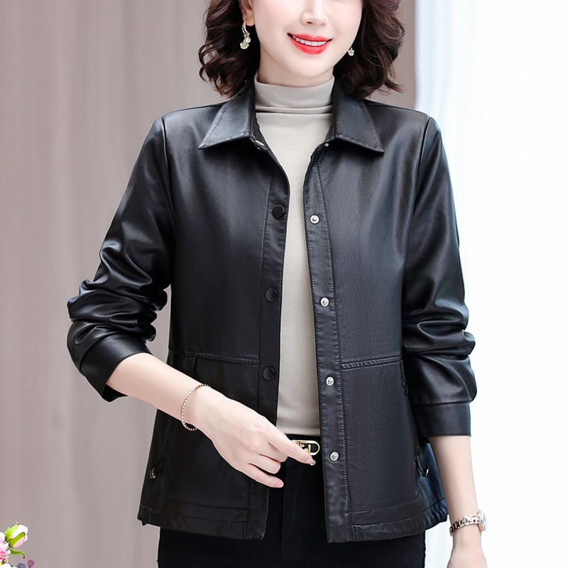 妈妈装皮衣春秋新款中老年女装PU皮外套40岁60小个子妇女皮夹克衫