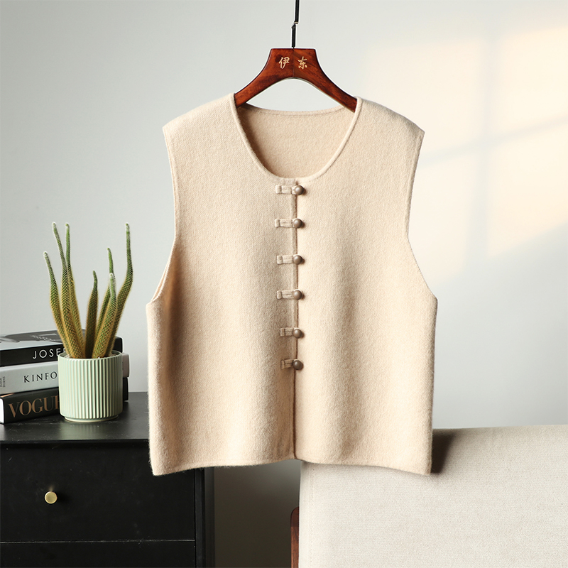 2024年秋冬新款圆领加厚羊绒马甲女中H国风无袖羊绒开衫加厚坎肩