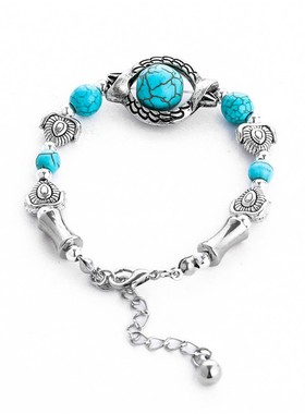 民族风复古绿松石手链动物吊坠手链银色手饰合金配饰古着藏式手串