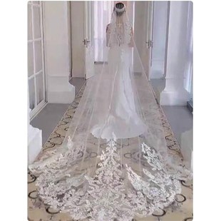 新款新娘头纱白色软纱蕾丝大花边主婚纱头纱长款拖尾豪华蕾丝头纱