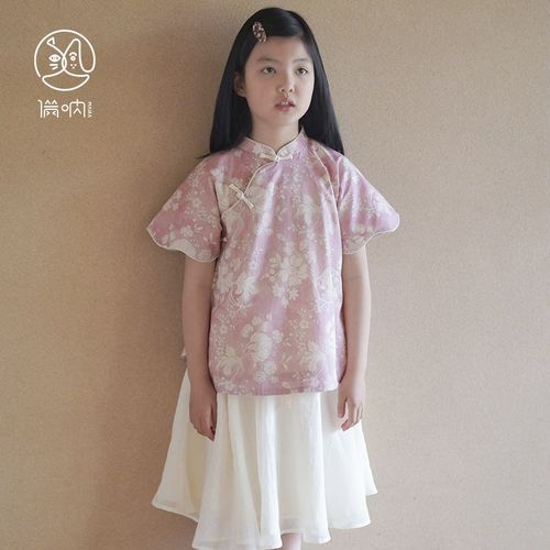 2024满呐夏季新品女童民国中式复古旗袍上衣倒大袖短袖花朝油画感