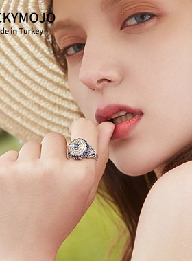 土耳其鸢尾花戒指女纯银镶嵌轻奢小众食指戒子高级感复古银饰指环