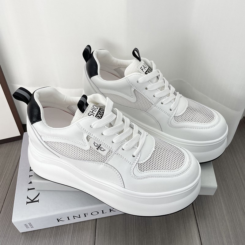 松糕小白鞋d女2024夏季新款网面内增高小个子真皮厚底显瘦厚底板