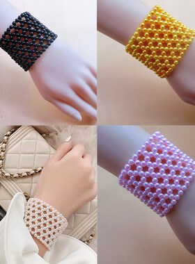 新款粉红色珍珠宽边网红手链女手圈简约手环遮伤疤手镯护手腕饰品