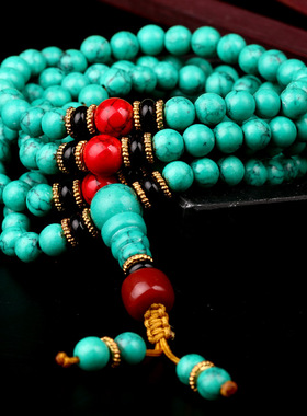 优化绿松石 6mm8mm108颗藏式民族风佛珠手链 男女情侣款多圈手串