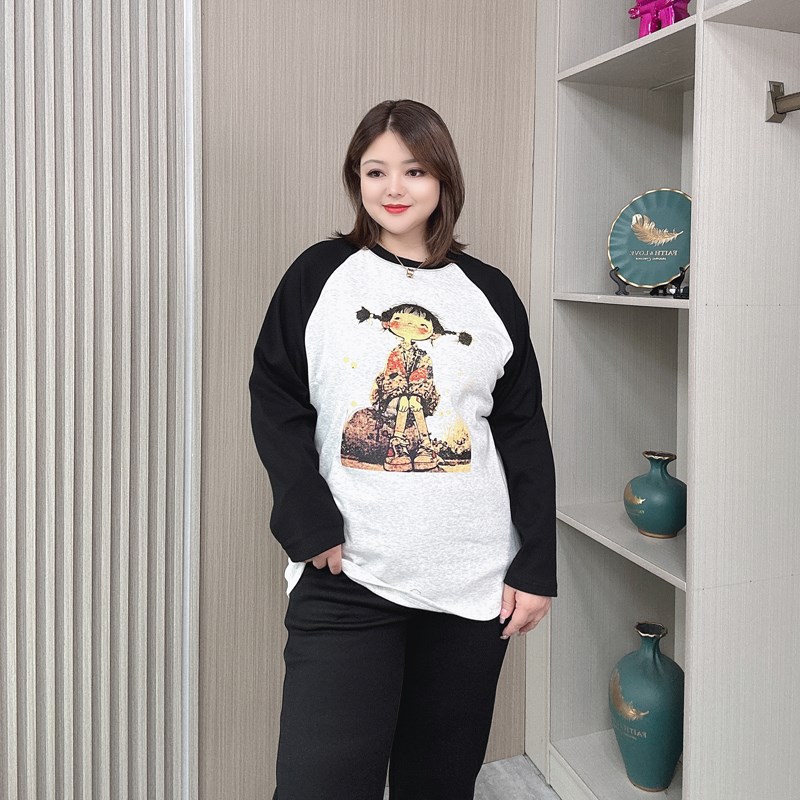 女孩印花长袖T恤女春秋大码w女装胖m宽松显瘦休闲中长款卫衣打底
