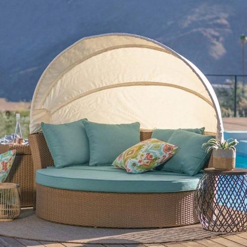 户外休闲太阳床藤编沙发花园别墅泳池圆形躺床室外创意带蓬躺椅