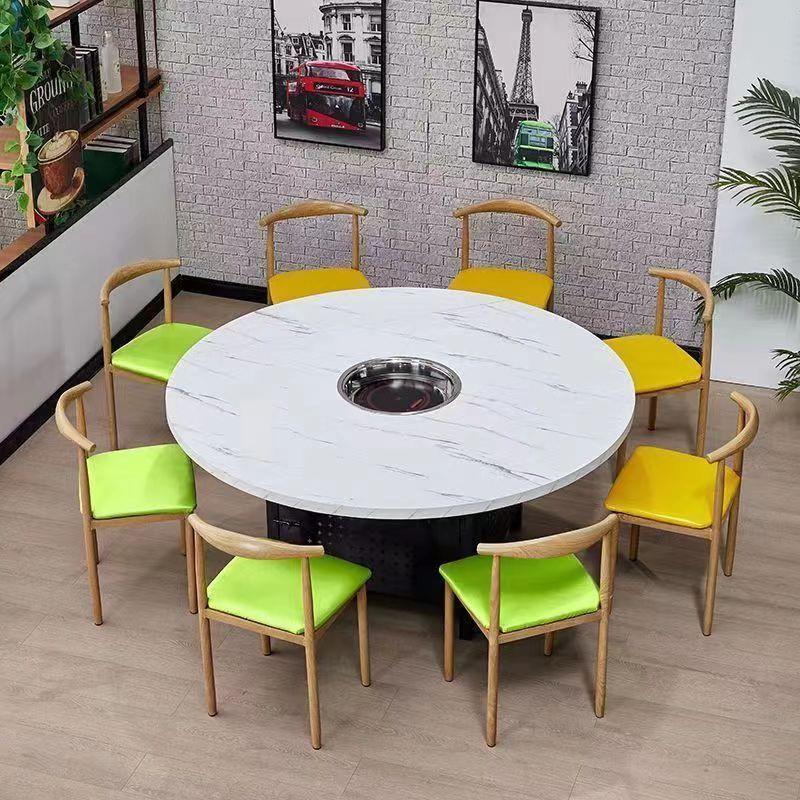 网红定制彷大理石纹火锅桌圆形商用餐桌烧烤海底捞火锅店一体组合