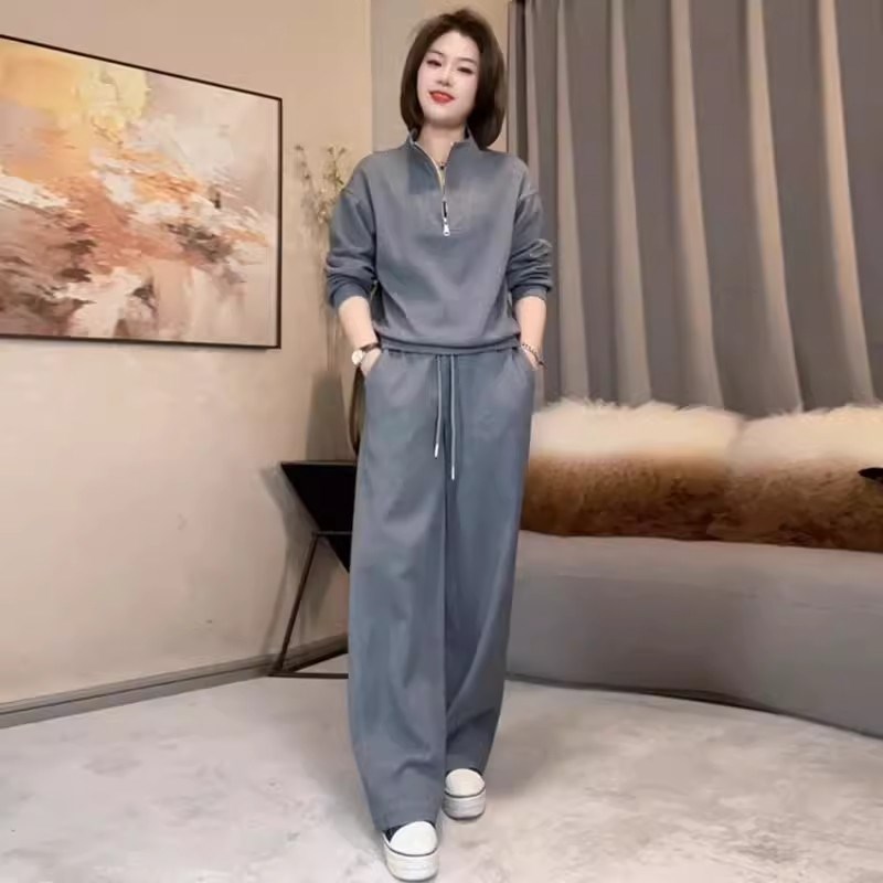 灰色卫衣运动服套j装女春季2025新款高端时尚休闲阔腿裤显瘦两件