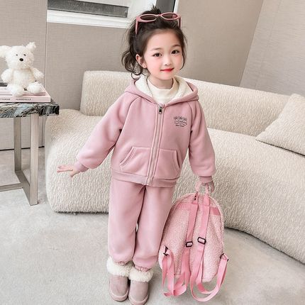 女童冬季加绒连帽卫衣套装女宝宝洋气2F024新款儿童秋冬加厚两件