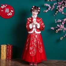 女童加绒裙子中国风旗袍汉服拜年服春秋冬L古装唐装红色礼服新年