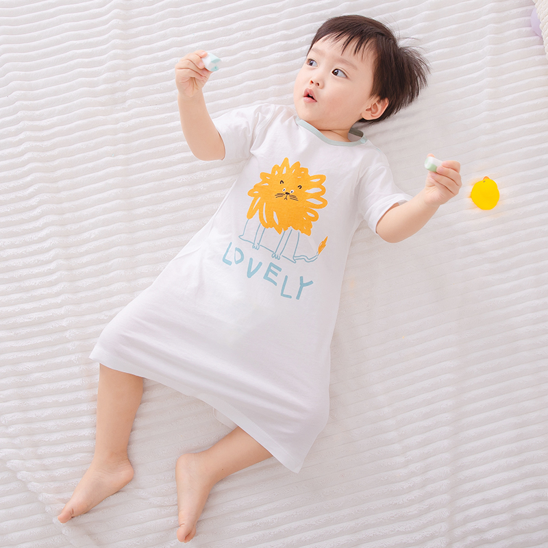 宝宝睡袍纯棉夏季薄款儿童睡w衣春秋女童短袖睡裙男童家居服连体