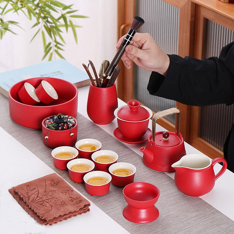 功夫茶具套装陶瓷磨砂红色简约家用个性提梁茶壶盖碗茶道整套旅行