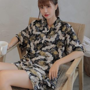 情侣国潮家居服亲子睡衣桑拿服 新款 汗蒸服女亚麻高档日式 开衫 大码