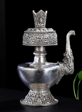 黄铜贲巴壶藏族特色家居摆件用品仿古做旧白铜雕花水壶供奉净水壶