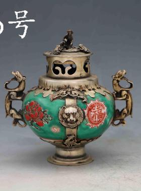 仿古白铜包瓷香炉熏炉八仙狮头香熏炉摆件双龙檀香沉香炉收藏摆件