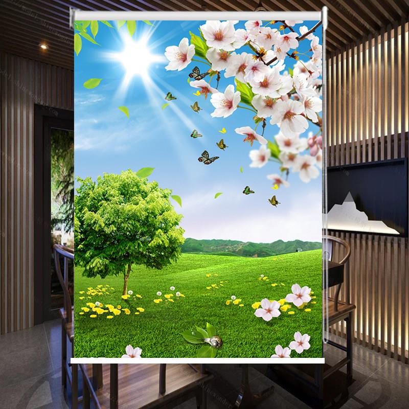风景画窗帘遮光卷帘定制客厅书房办公室升降手拉卧室家用遮阳防晒