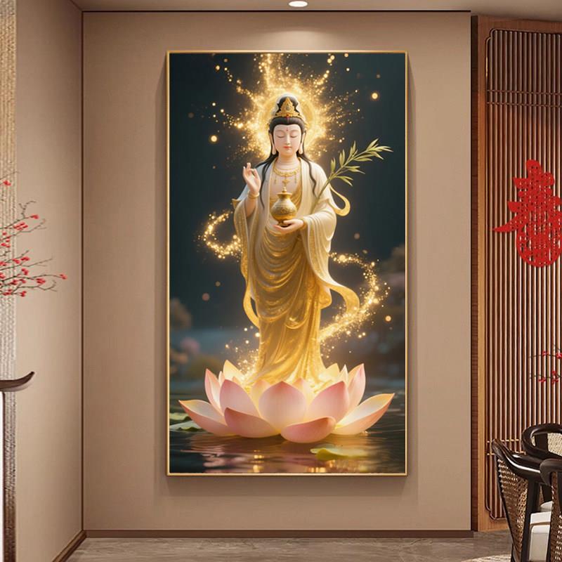 观音菩萨十字绣新款自己绣客厅玄关家用供奉画像金身菩萨挂画