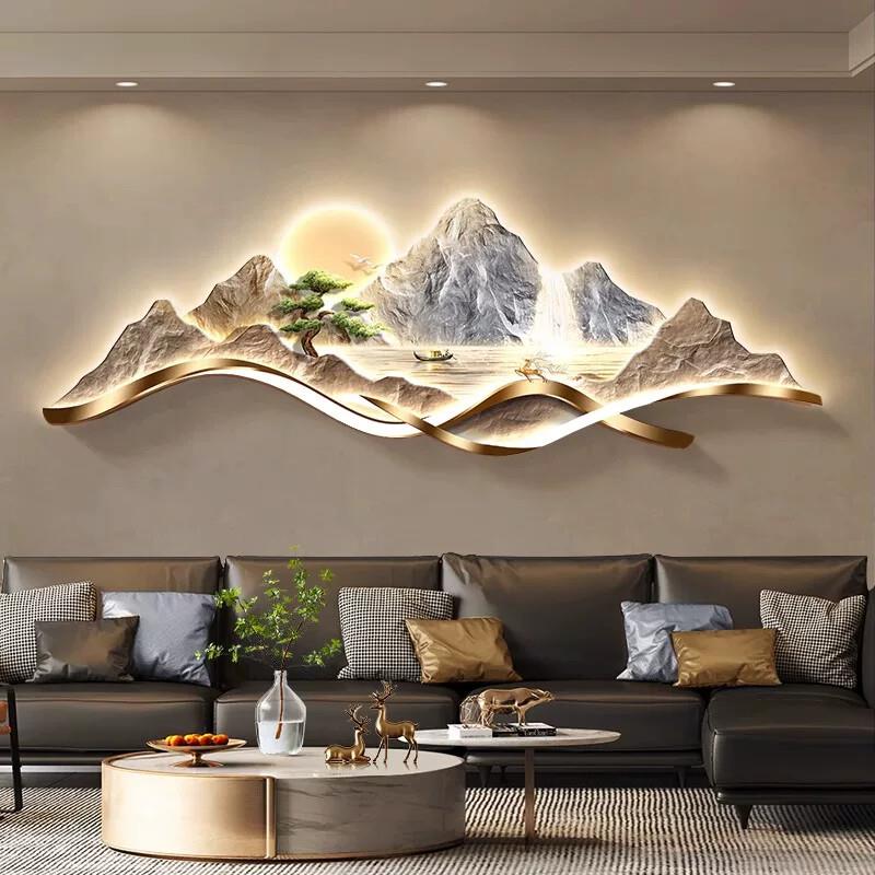 背有靠山客厅装饰画高级感轻奢大气壁画聚宝盆山水画led灯画挂画